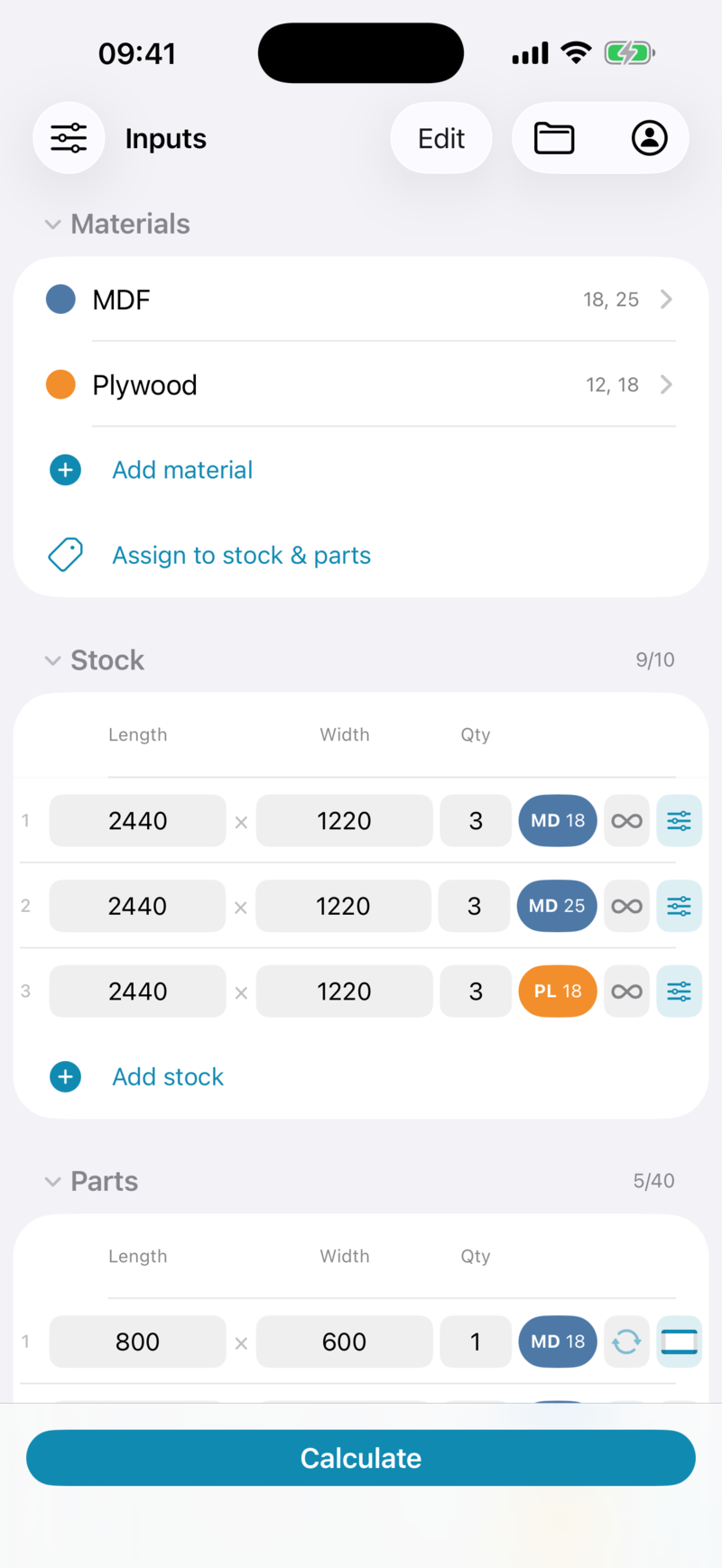 SmartCut inputs screen