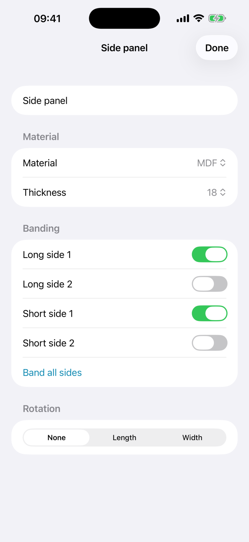 Per-part settings screen